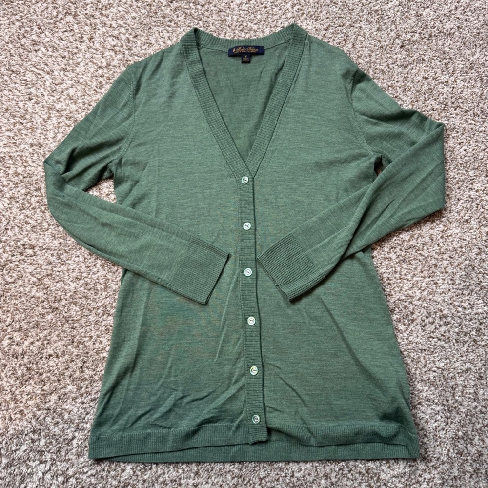 Brooks Brothers Super Fine Merino Wool Medium V Neck Button Front Cardigan Green - Picture 2 of 7